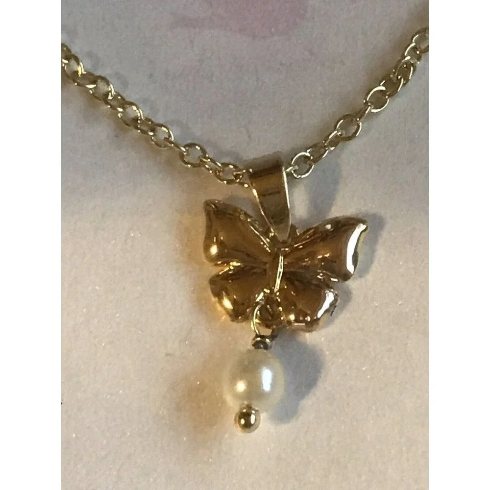Girl Nation 14K Gold Plated Butterfly Pearl Pendant Necklace Hypoallergenic